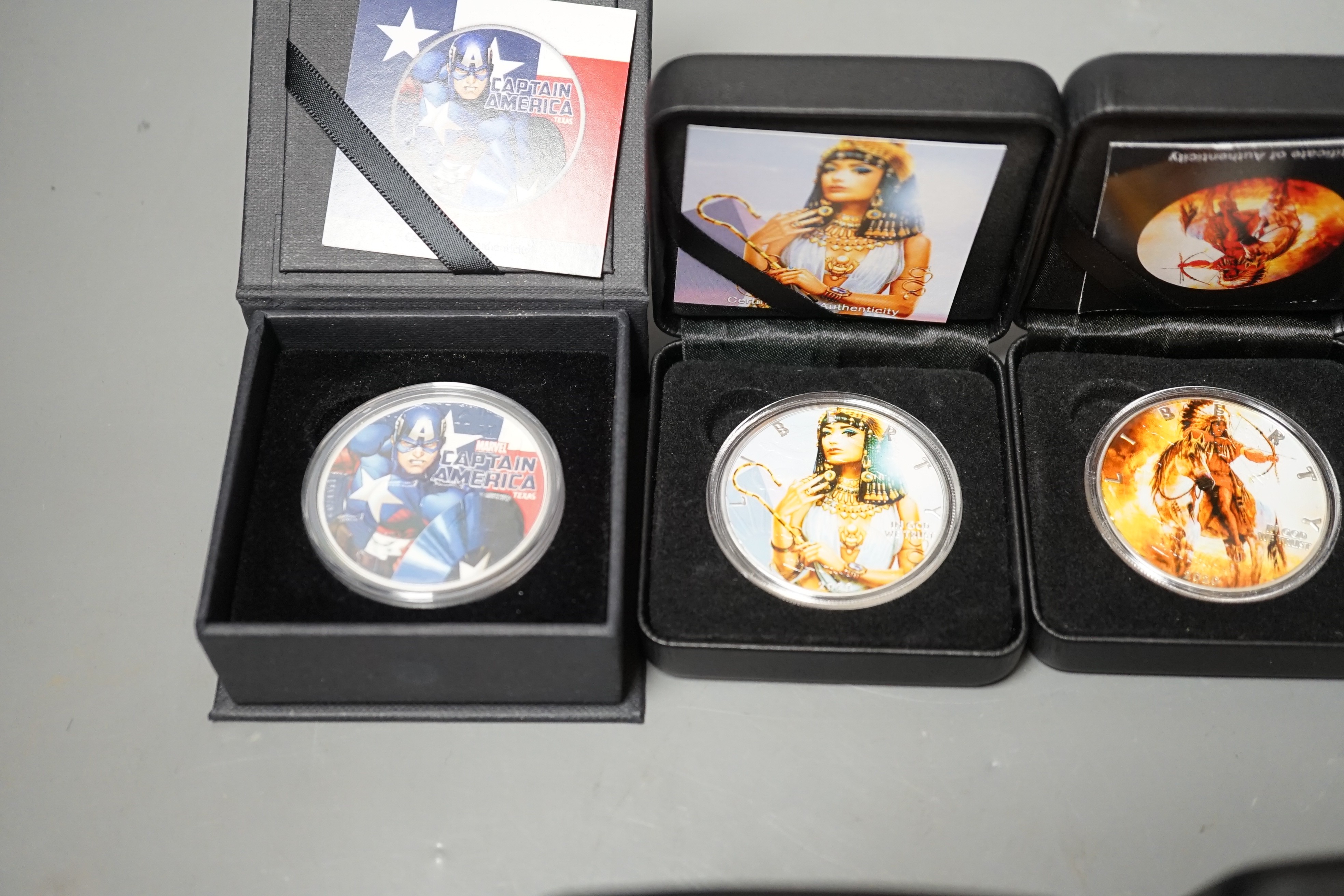 USA coins, six 1oz. silver commemorative picture coins, cased